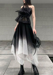 Stylish Black Asymmetrical Patchwork Tulle 2 Piece Outfit Summer