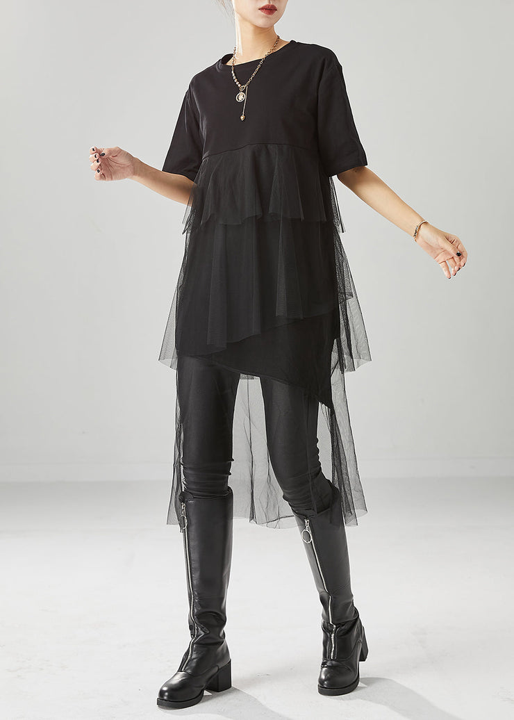 Stylish Black Asymmetrical Patchwork Tulle Cotton Dresses Summer