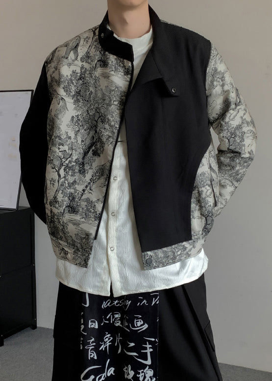 Stylish Black Asymmetrical Print Cotton Men Coat Fall