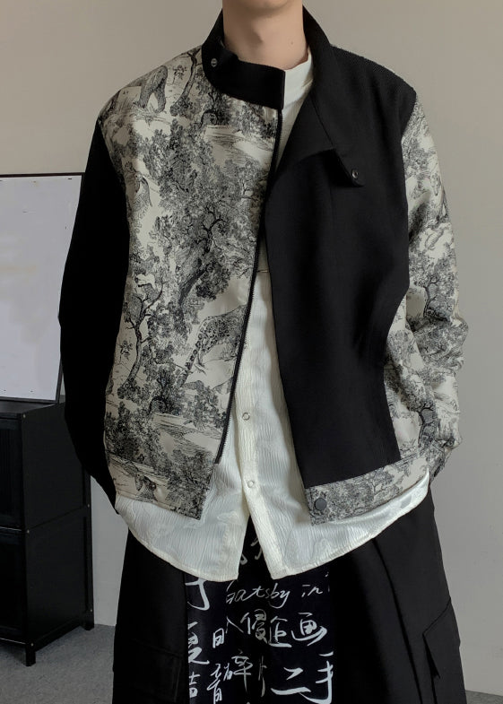 Stylish Black Asymmetrical Print Cotton Men Coat Fall