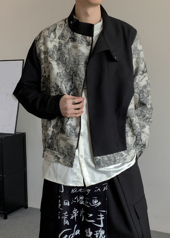 Stylish Black Asymmetrical Print Cotton Men Coat Fall