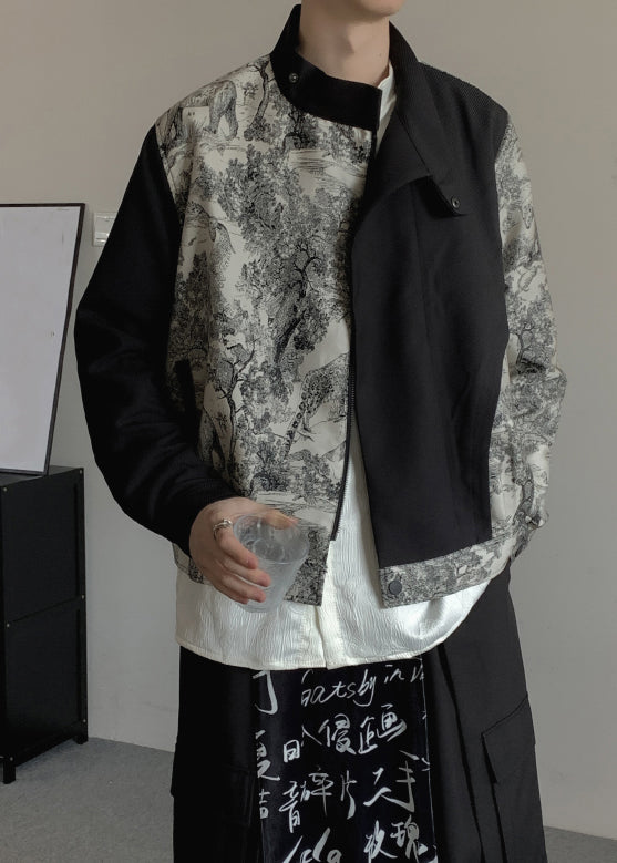 Stylish Black Asymmetrical Print Cotton Men Coat Fall