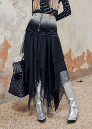 Stylish Black Asymmetrical Tulle Patchwork Denim Skirt Spring