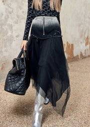 Stylish Black Asymmetrical Tulle Patchwork Denim Skirt Spring