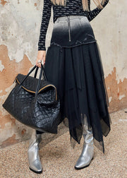 Stylish Black Asymmetrical Tulle Patchwork Denim Skirt Spring