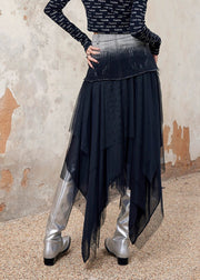 Stylish Black Asymmetrical Tulle Patchwork Denim Skirt Spring