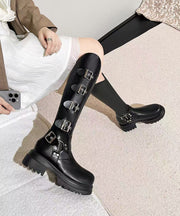 Stylish Black Belt Buckle Splicing Chunky Heel Boots