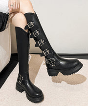 Stylish Black Belt Buckle Splicing Chunky Heel Boots