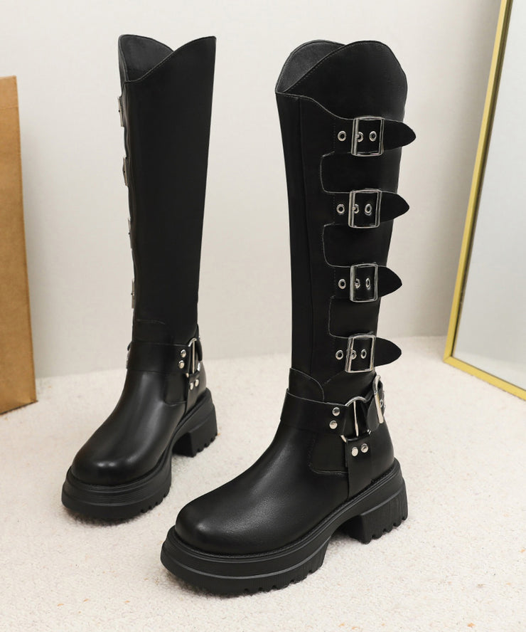 Stylish Black Belt Buckle Splicing Chunky Heel Boots