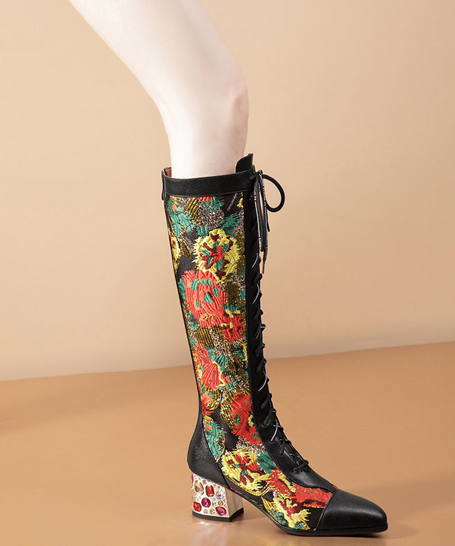 Stylish Black Boots Lace Up Print Genuine Leather Chunky Boots
