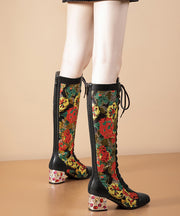 Stylish Black Boots Lace Up Print Genuine Leather Chunky Boots