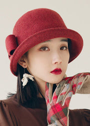 Stylish Burgundy Bow Edge Curl Woolen Cloche Hat