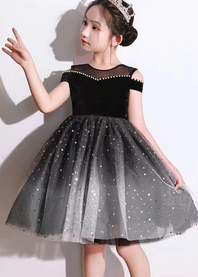 Stylish Black Bow Nail Bead Tulle Kids Holiday Mid Dress Short Sleeve