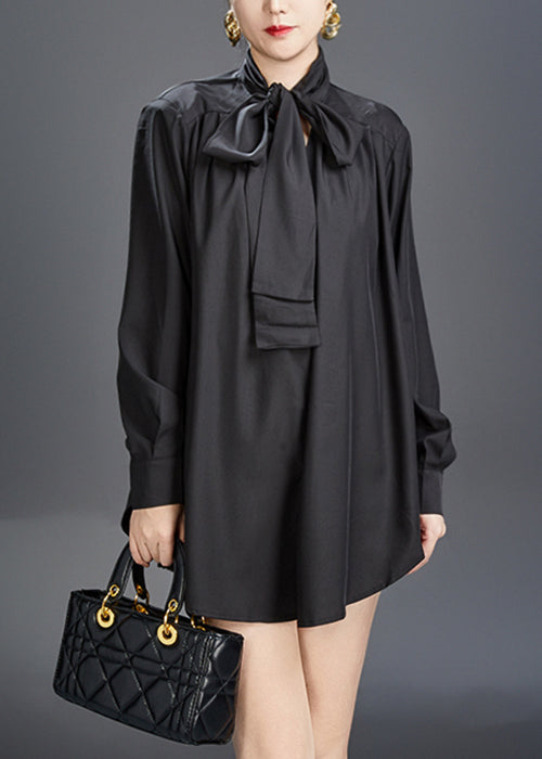 Stylish Black Bow Solid Cotton Fall Blouses