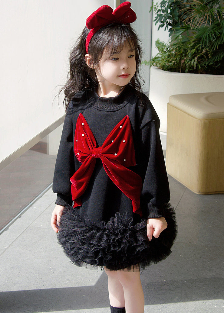 Stylish Black Bow Tulle Patchwork Kids Long Dress Spring