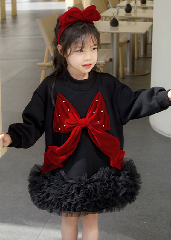 Stylish Black Bow Tulle Patchwork Kids Long Dress Spring