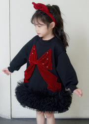 Stylish Black Bow Tulle Patchwork Kids Long Dress Spring