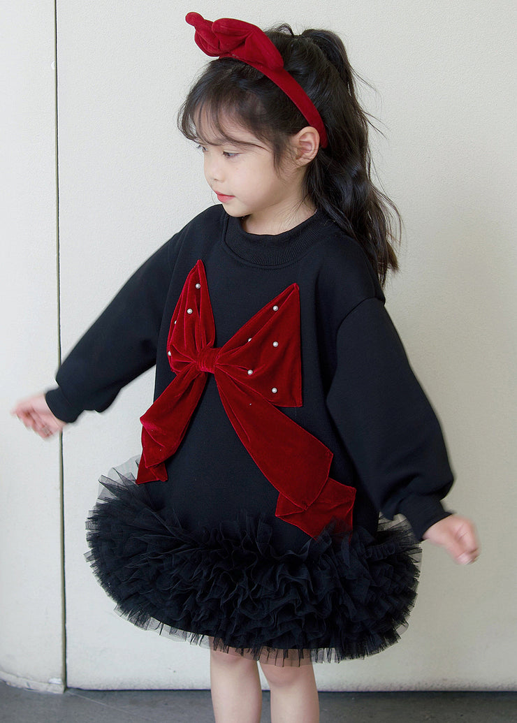 Stylish Black Bow Tulle Patchwork Kids Long Dress Spring