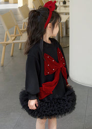 Stylish Black Bow Tulle Patchwork Kids Long Dress Spring