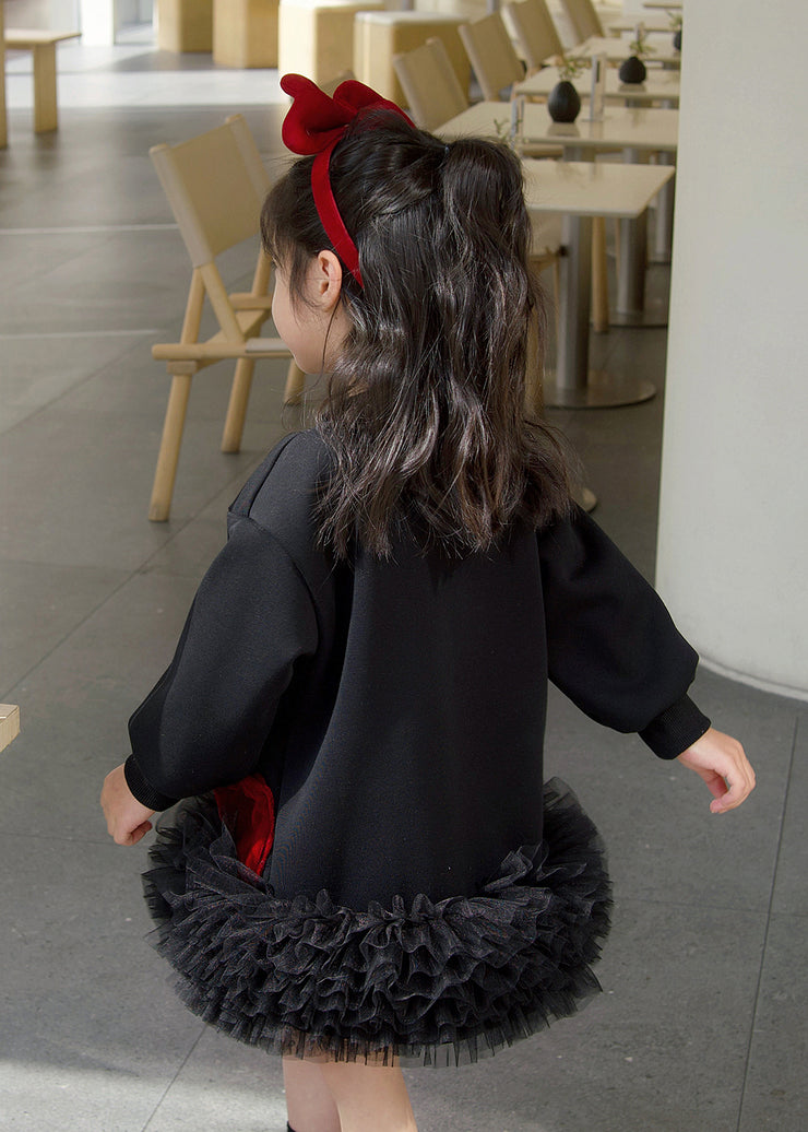 Stylish Black Bow Tulle Patchwork Kids Long Dress Spring