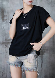 Stylish Black Cat Print Cotton Tank Tops Summer