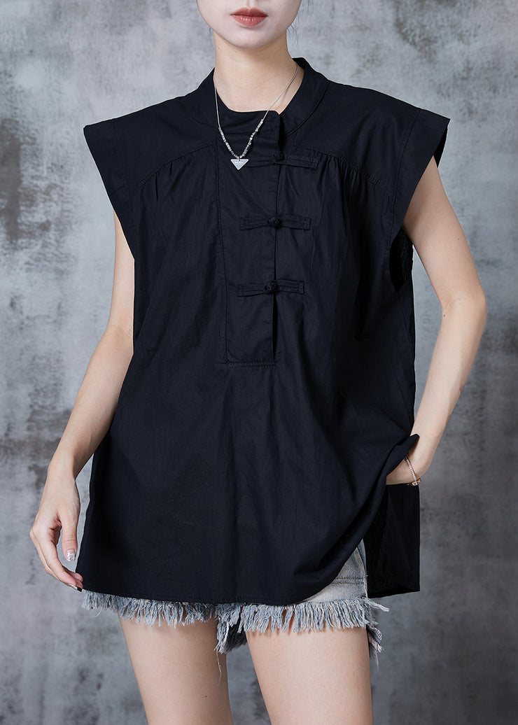 Stylish Black Chinese Button Cotton Tops Sleeveless