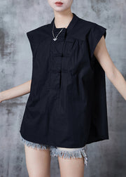 Stylish Black Chinese Button Cotton Tops Sleeveless