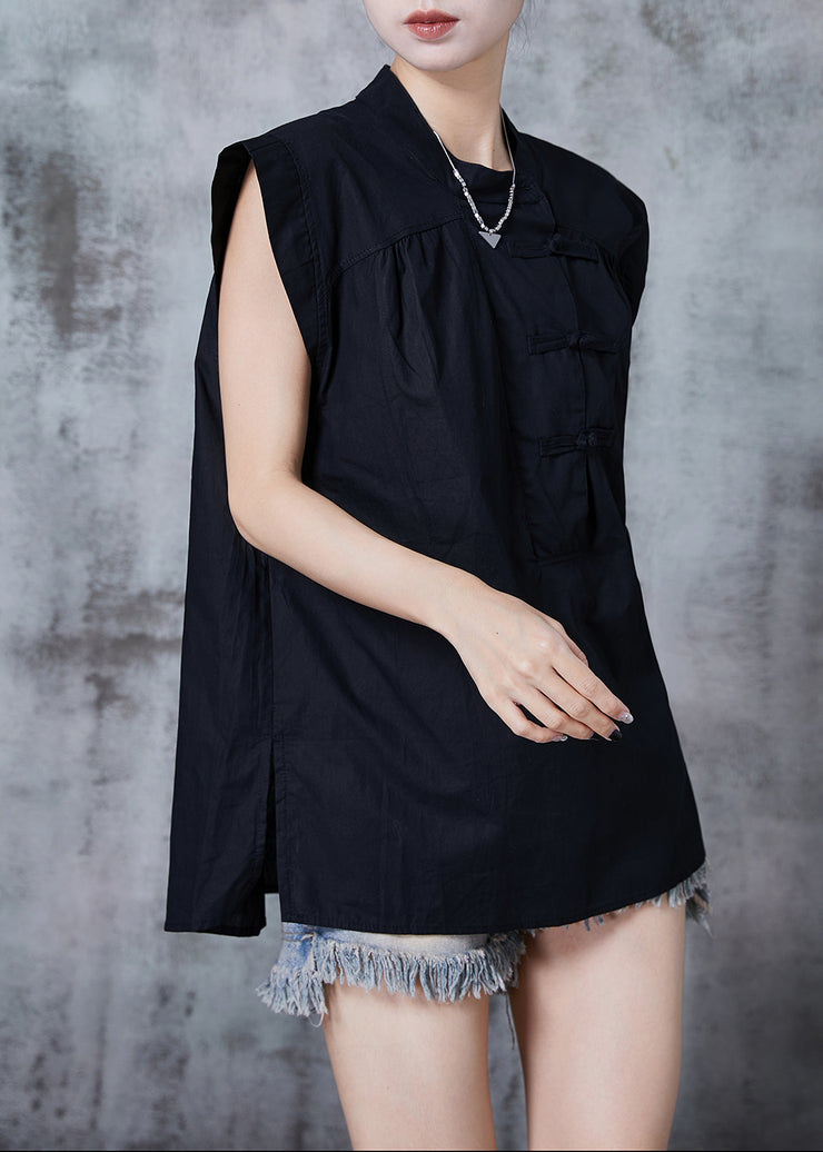 Stylish Black Chinese Button Cotton Tops Sleeveless