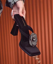 Stylish Black Chunky Heel Slide Sandals Peep Toe