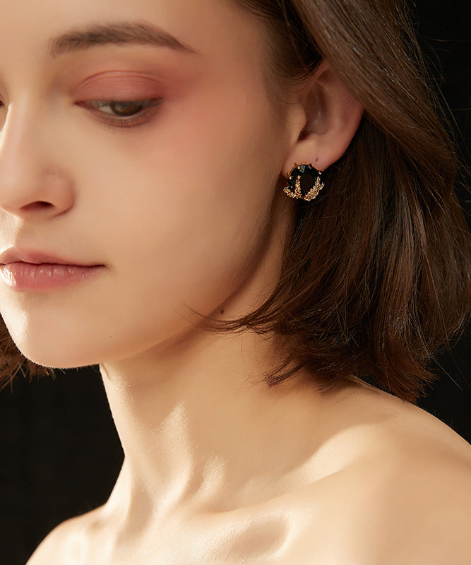 Stylish Black Copper Overgild Resin Stud Earrings