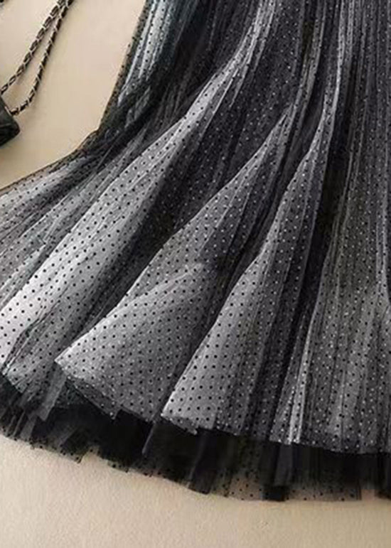 Stylish Black Dot Print Wrinkled Tulle Skirt Summer