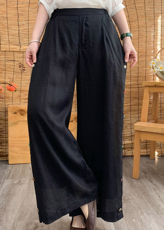 Stylish Black Elastic Waist Button Solid Linen Wide Leg Pants Summer