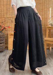 Stylish Black Elastic Waist Button Solid Linen Wide Leg Pants Summer