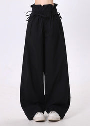 Stylish Black Elastic Waist Cotton Pants Spring