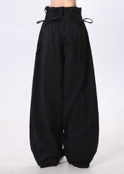 Stylish Black Elastic Waist Cotton Pants Spring