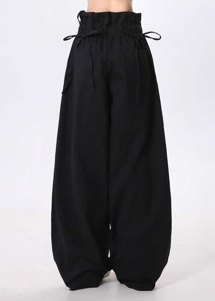 Stylish Black Elastic Waist Cotton Pants Spring