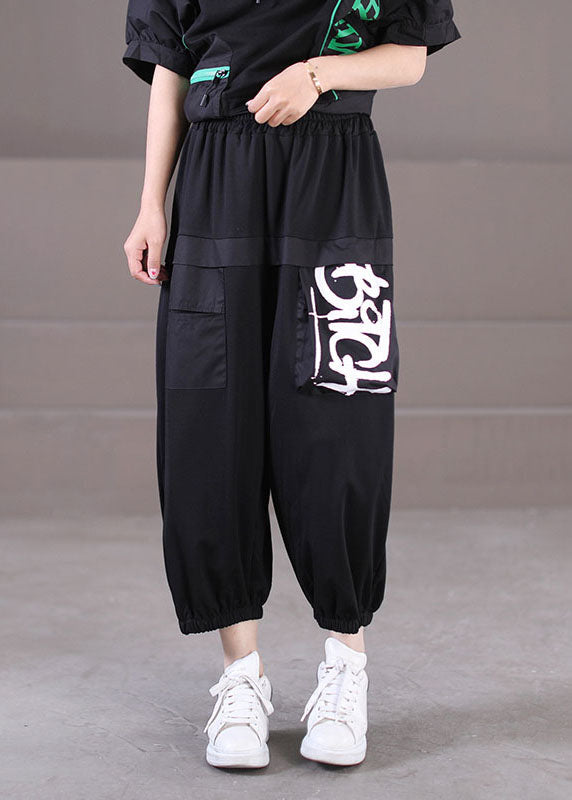 Stylish Black Elastic Waist Pockets Letter Print Cotton Streetwear Harem Pants Summer