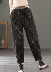 Stylish Black Elastic Waist Print Warm Fleece Pants Winter