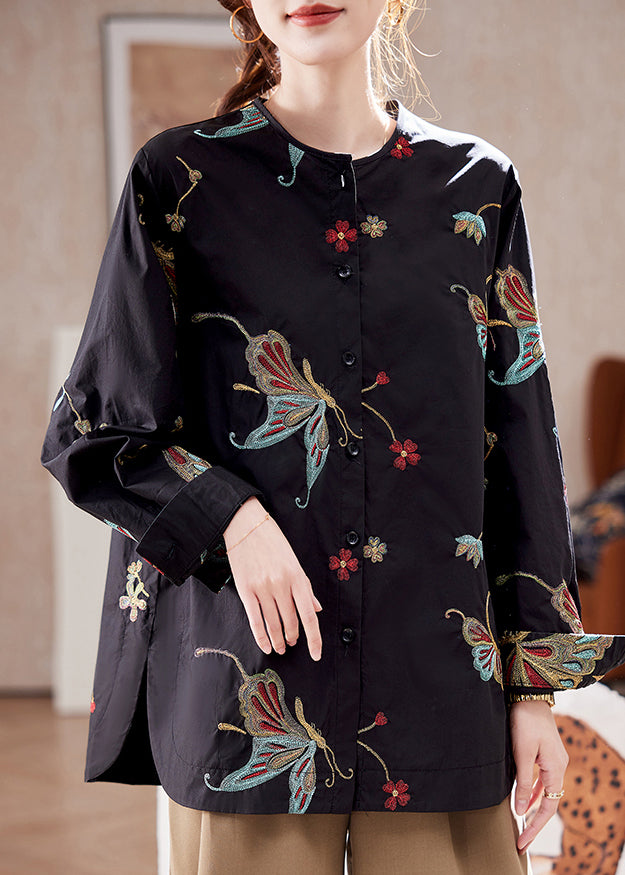 Stylish Black Embroidered Butto Cotton Shirts Spring