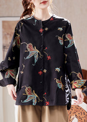 Stylish Black Embroidered Butto Cotton Shirts Spring