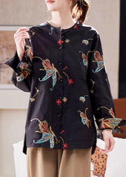 Stylish Black Embroidered Butto Cotton Shirts Spring