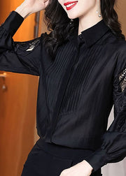 Stylish Black Embroidered Hollow Out Shirt Puff Sleeve