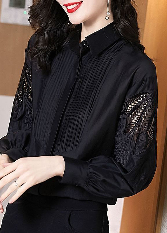 Stylish Black Embroidered Hollow Out Shirt Puff Sleeve