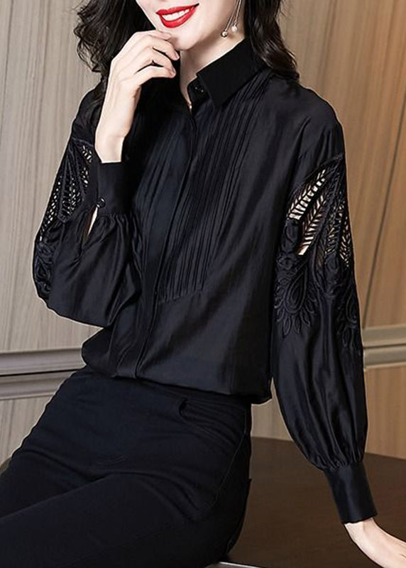 Stylish Black Embroidered Hollow Out Shirt Puff Sleeve