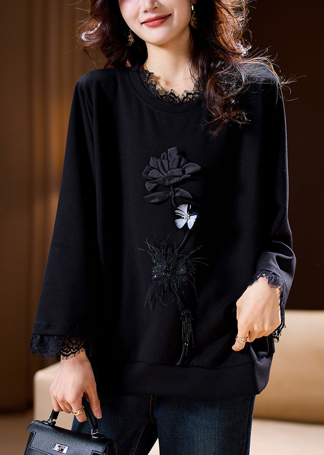 Stylish Black Embroidered Lace Patchwork Sweatshirt Spring