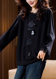 Stylish Black Embroidered Lace Patchwork Sweatshirt Spring