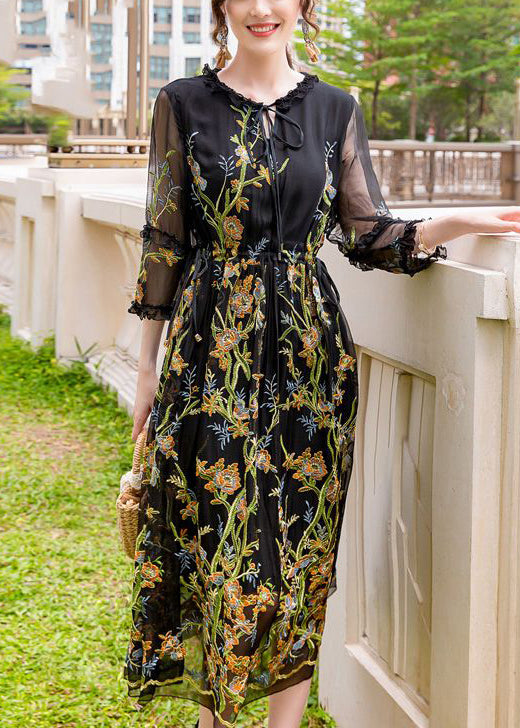 Stylish Black Embroideried Hollow Out Silk Maxi Dresses Summer