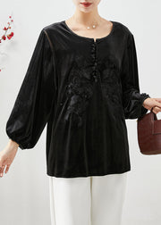 Stylish Black Embroidered Oversized Silk Velour Blouse Top Fall