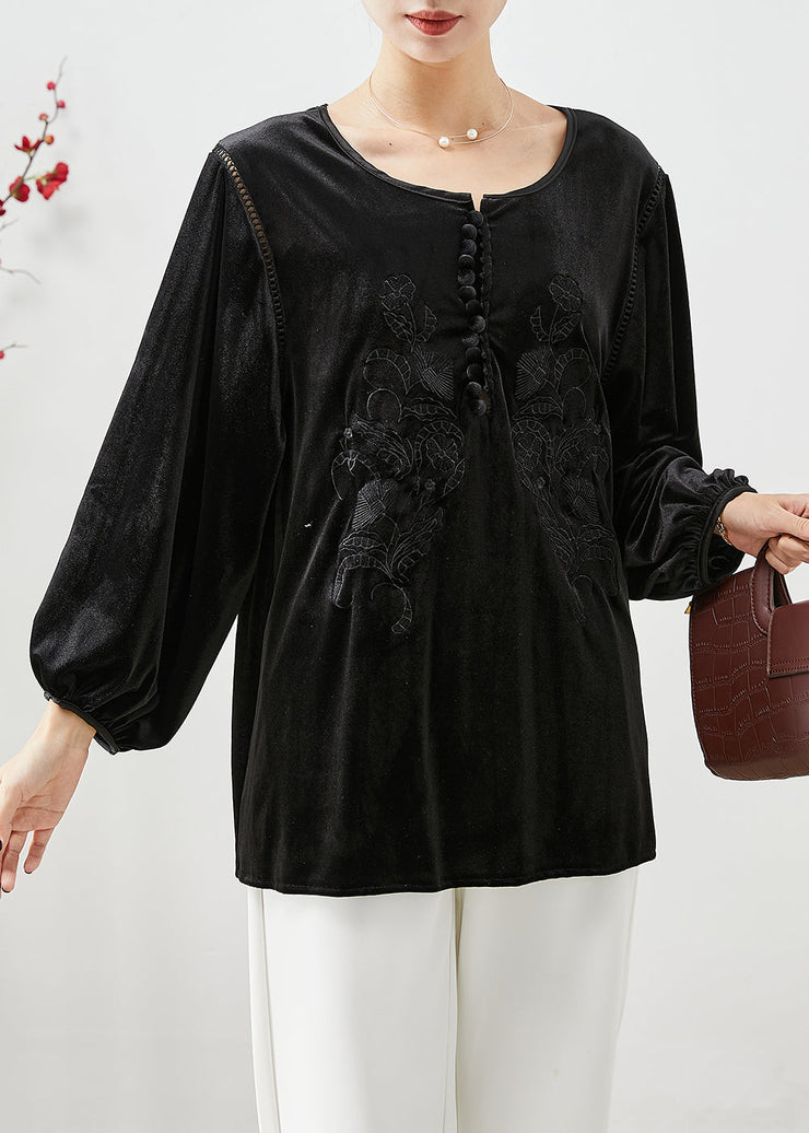 Stylish Black Embroideried Oversized Silk Velour Blouse Top Fall