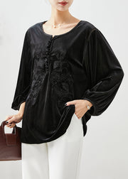 Stylish Black Embroideried Oversized Silk Velour Blouse Top Fall